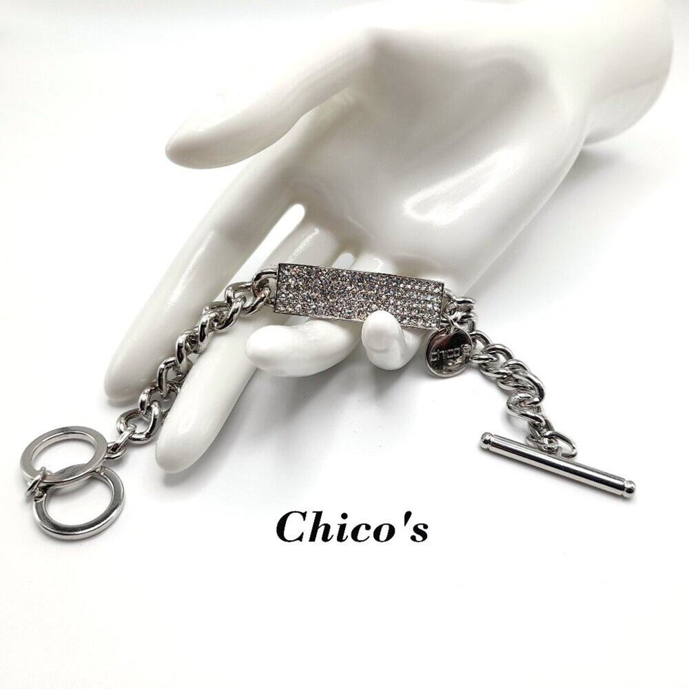 Chico's Pave Rhinestone Silver I.D. Style Bracelet, Toggle Clasp, 8 1/2 Inches